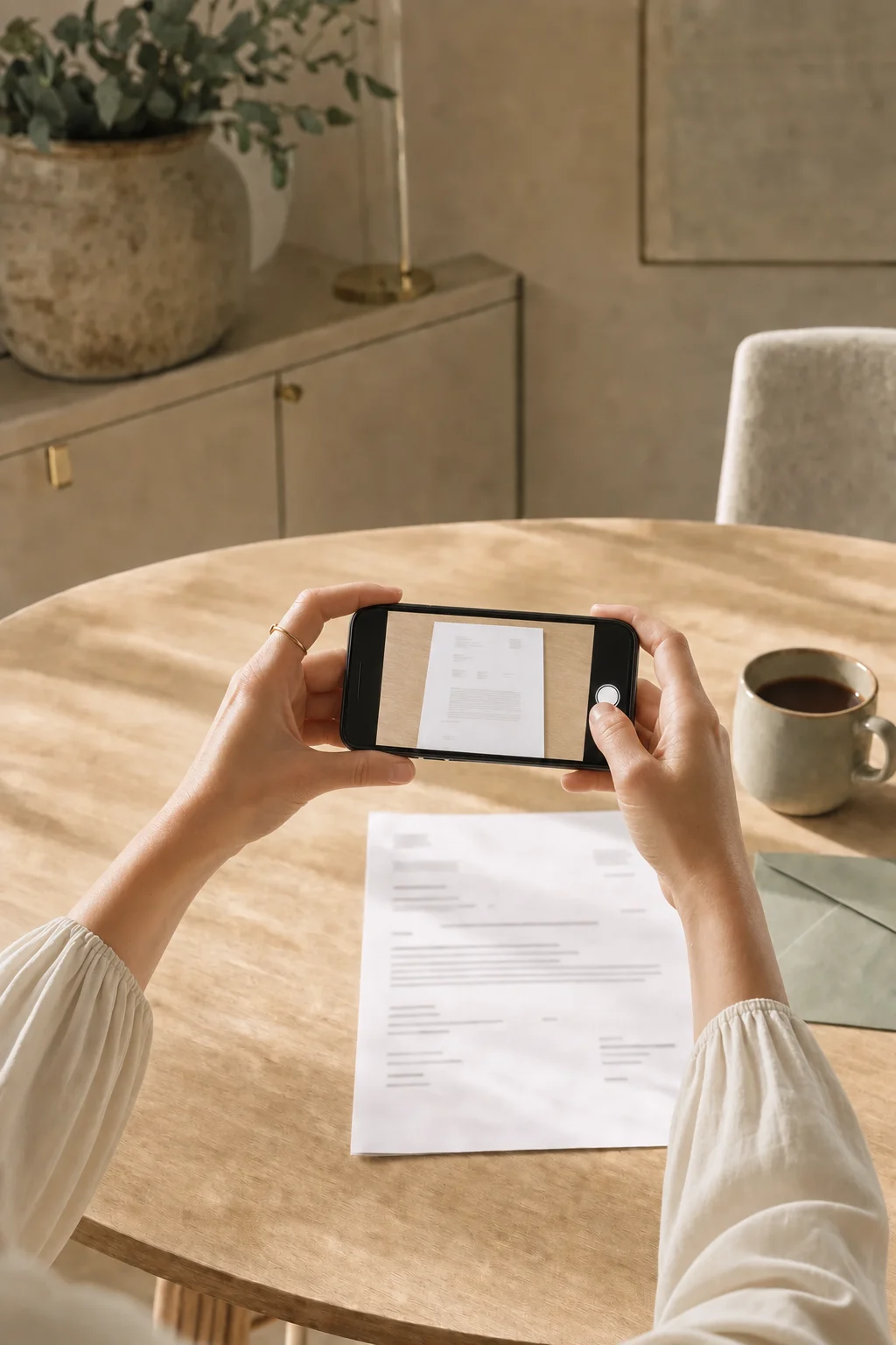 Handen fotograferen een document met een smartphone