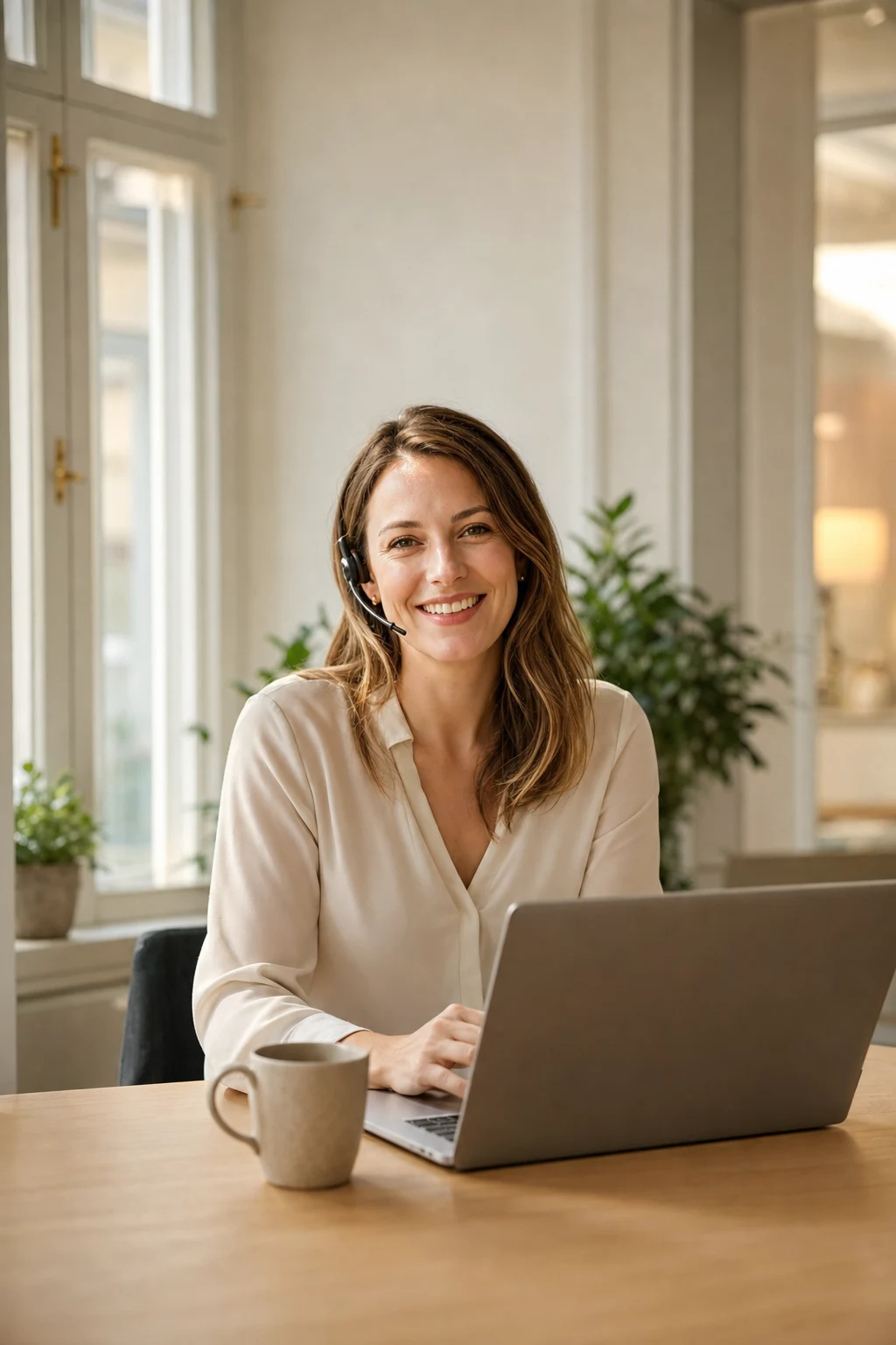 Een vrouw met een headset achter haar laptop